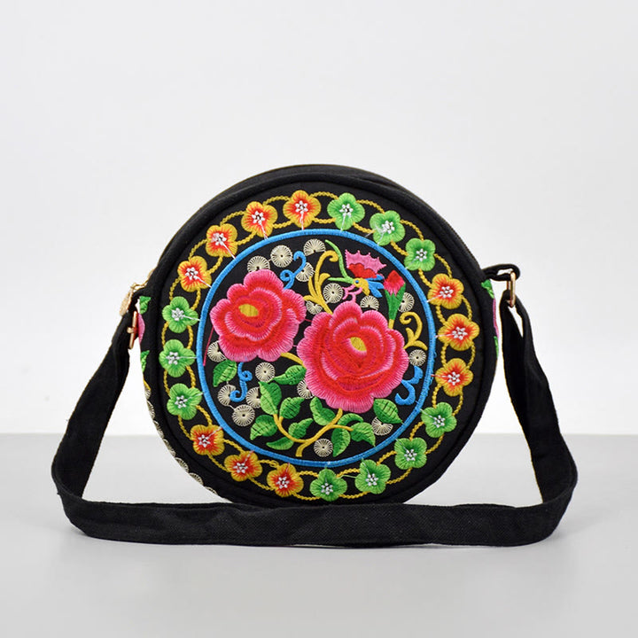 Bolso de mano de lona con bordado de doble cara, bolso cruzado, bolso de mano, árbol del dinero, flores de peonía, rosa, pavo real, Galsang, Inula