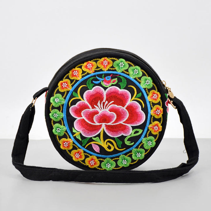 Bolso de mano de lona con bordado de doble cara, bolso cruzado, bolso de mano, árbol del dinero, flores de peonía, rosa, pavo real, Galsang, Inula