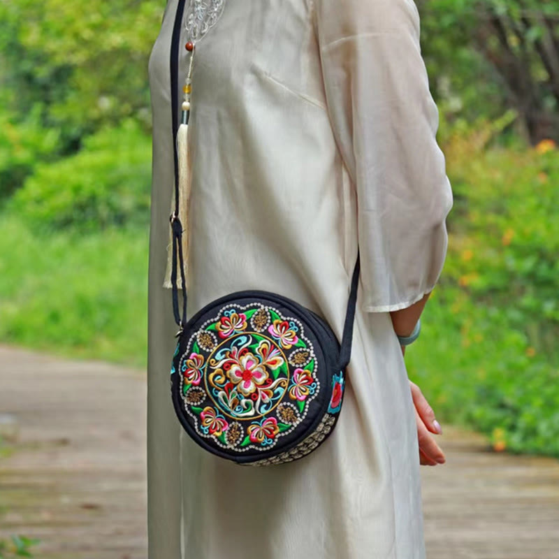 Bolso de mano de lona con bordado de doble cara, bolso cruzado, bolso de mano, árbol del dinero, flores de peonía, rosa, pavo real, Galsang, Inula
