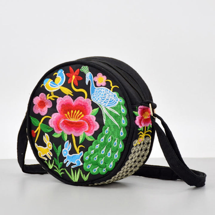 Bolso de mano de lona con bordado de doble cara, bolso cruzado, bolso de mano, árbol del dinero, flores de peonía, rosa, pavo real, Galsang, Inula