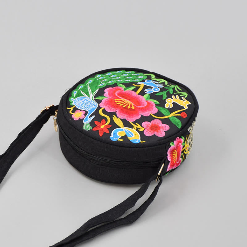 Bolso de mano de lona con bordado de doble cara, bolso cruzado, bolso de mano, árbol del dinero, flores de peonía, rosa, pavo real, Galsang, Inula
