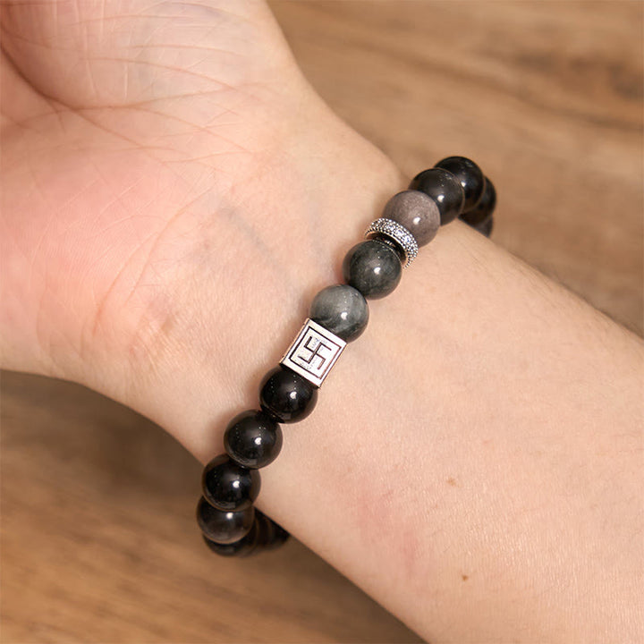 Buddha Stones Pulsera de fuerza y coraje de obsidiana negra y piedra ojo de águila