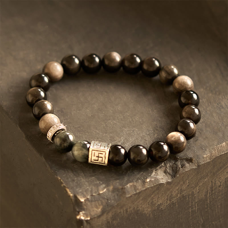 Buddha Stones Pulsera de fuerza y coraje de obsidiana negra y piedra ojo de águila