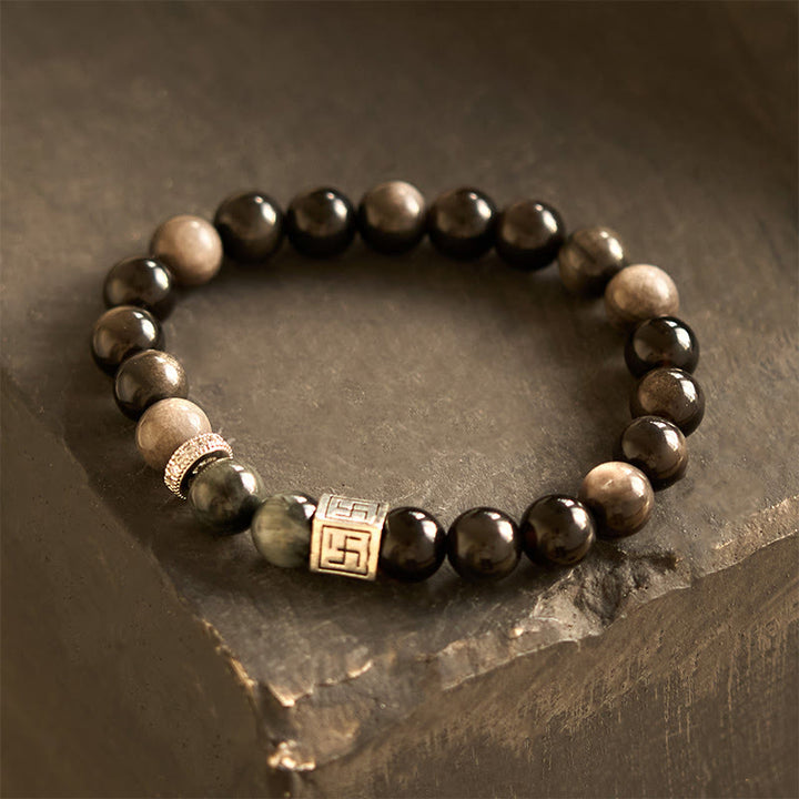 Buddha Stones Pulsera de fuerza y coraje de obsidiana negra y piedra ojo de águila
