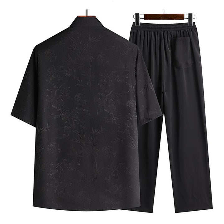 Traje Tang de flor de melocotón de bambú con piedras de Buddha Stones, uniforme tradicional Hanfu, Top de manga corta, pantalones, conjunto de ropa para hombre