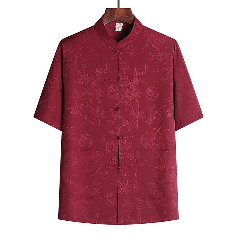 Traje Tang de flor de melocotón de bambú con piedras de Buddha Stones, uniforme tradicional Hanfu, Top de manga corta, pantalones, conjunto de ropa para hombre - Cima Roja - US/UK/AU42, EU52 (3XL) - image 6