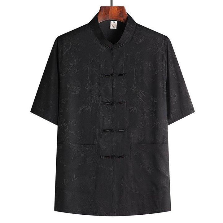 Traje Tang de flor de melocotón de bambú con piedras de Buddha Stones, uniforme tradicional Hanfu, Top de manga corta, pantalones, conjunto de ropa para hombre - Top negro - US/UK/AU42, EU52 (3XL) - image 8