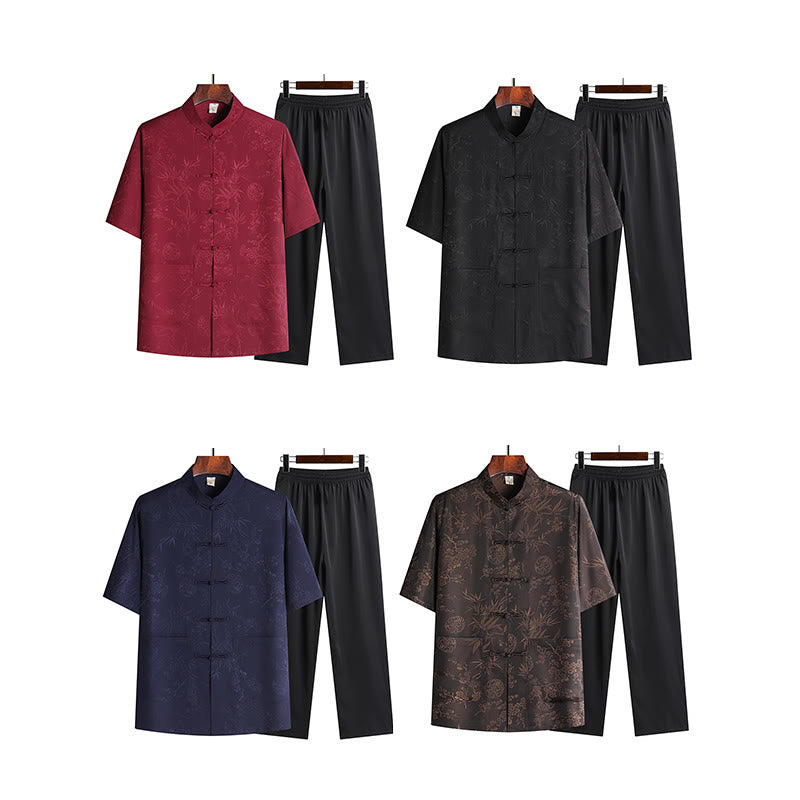 Traje Tang de flor de melocotón de bambú con piedras de Buddha Stones, uniforme tradicional Hanfu, Top de manga corta, pantalones, conjunto de ropa para hombre