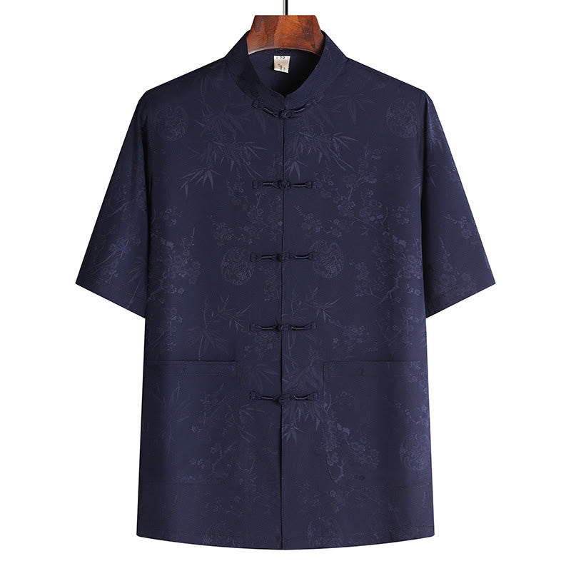 Traje Tang de flor de melocotón de bambú con piedras de Buddha Stones, uniforme tradicional Hanfu, Top de manga corta, pantalones, conjunto de ropa para hombre - Top azul marino - US/UK/AU42, EU52 (3XL) - image 7