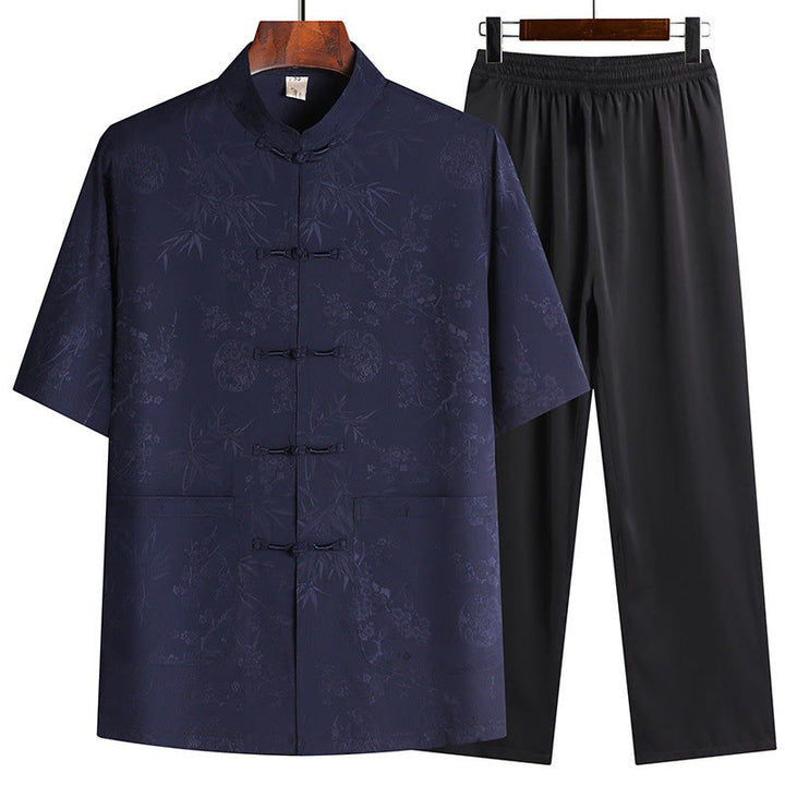 Traje Tang de flor de melocotón de bambú con piedras de Buddha Stones, uniforme tradicional Hanfu, Top de manga corta, pantalones, conjunto de ropa para hombre - Azul marino (camiseta y pantalón) - US/UK/AU42, EU52 (3XL) - image 4
