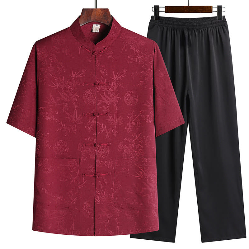 Traje Tang de flor de melocotón de bambú con piedras de Buddha Stones, uniforme tradicional Hanfu, Top de manga corta, pantalones, conjunto de ropa para hombre - Rojo (Top y pantalón) - US/UK/AU42, EU52 (3XL) - image 1