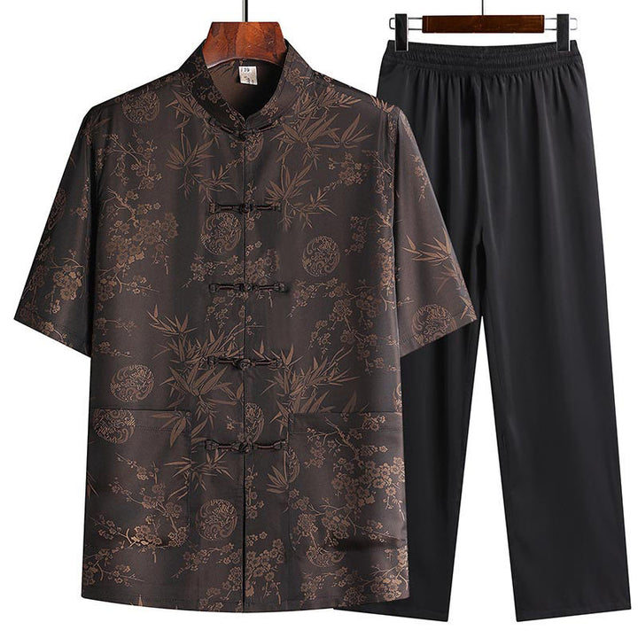Traje Tang de flor de melocotón de bambú con piedras de Buddha Stones, uniforme tradicional Hanfu, Top de manga corta, pantalones, conjunto de ropa para hombre - Marrón (Top y pantalón) - US/UK/AU42, EU52 (3XL) - image 0