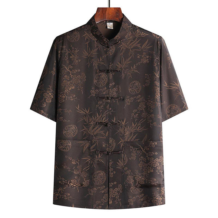 Traje Tang de flor de melocotón de bambú con piedras de Buddha Stones, uniforme tradicional Hanfu, Top de manga corta, pantalones, conjunto de ropa para hombre - Top marrón - US/UK/AU42, EU52 (3XL) - image 5
