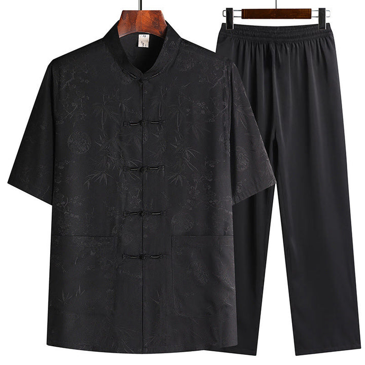 Traje Tang de flor de melocotón de bambú con piedras de Buddha Stones, uniforme tradicional Hanfu, Top de manga corta, pantalones, conjunto de ropa para hombre - Negro (Top y pantalón) - US/UK/AU42, EU52 (3XL) - image 2
