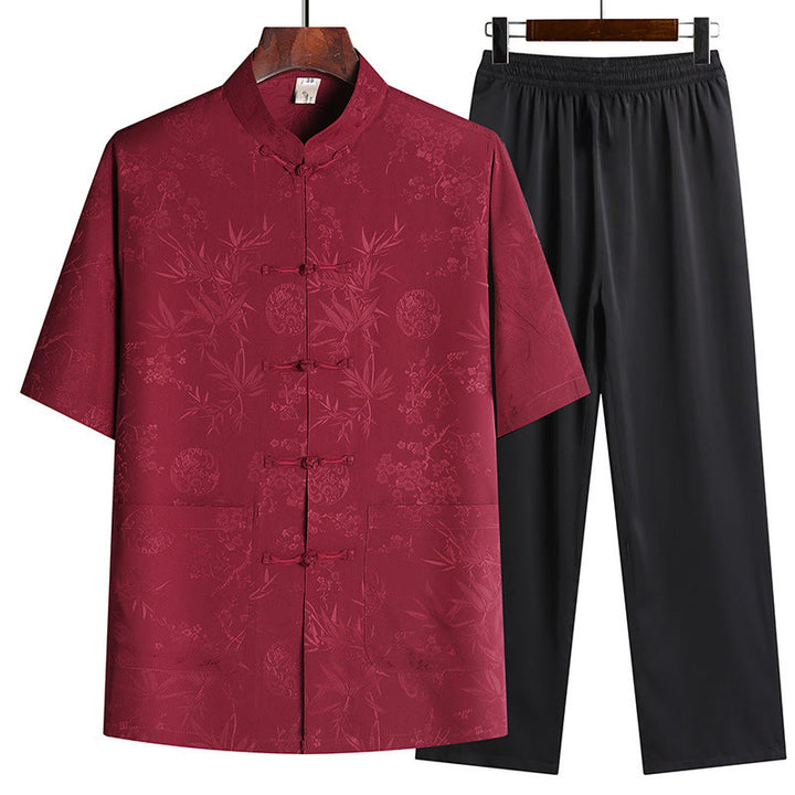 Traje Tang de flor de melocotón de bambú con piedras de Buddha Stones, uniforme tradicional Hanfu, Top de manga corta, pantalones, conjunto de ropa para hombre - Rojo (Top y pantalón) - US/UK/AU42, EU52 (3XL) - image 1