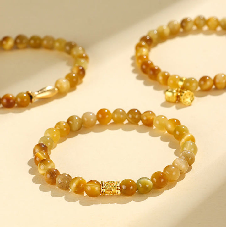 Pulsera de protección con Buddha Stones, ojo de tigre, carácter Fu, bambú, pez Koi, loto, Om Mani Padme Hum