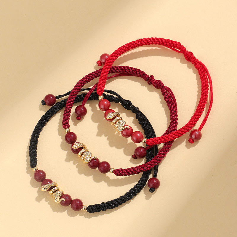 Pulsera trenzada de protección hecha a mano con Buddha Stones y cinabrio con hilo de serpiente