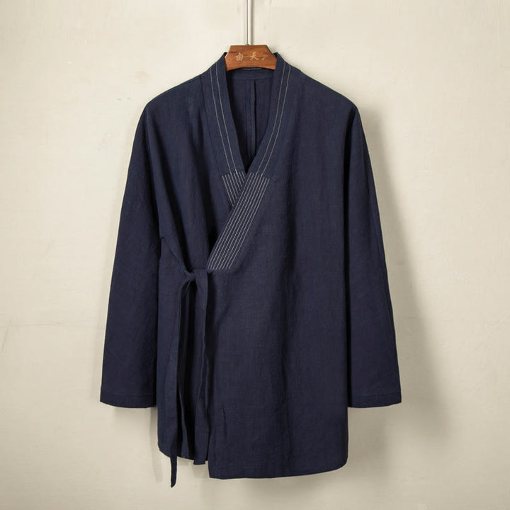 Chaqueta de lino y algodón con cordones para hombre, sencilla , con Buddha Stones , para otoño, ropa zen - Azul acero - US/UK/AU44, EU54 (4XL) - image 2