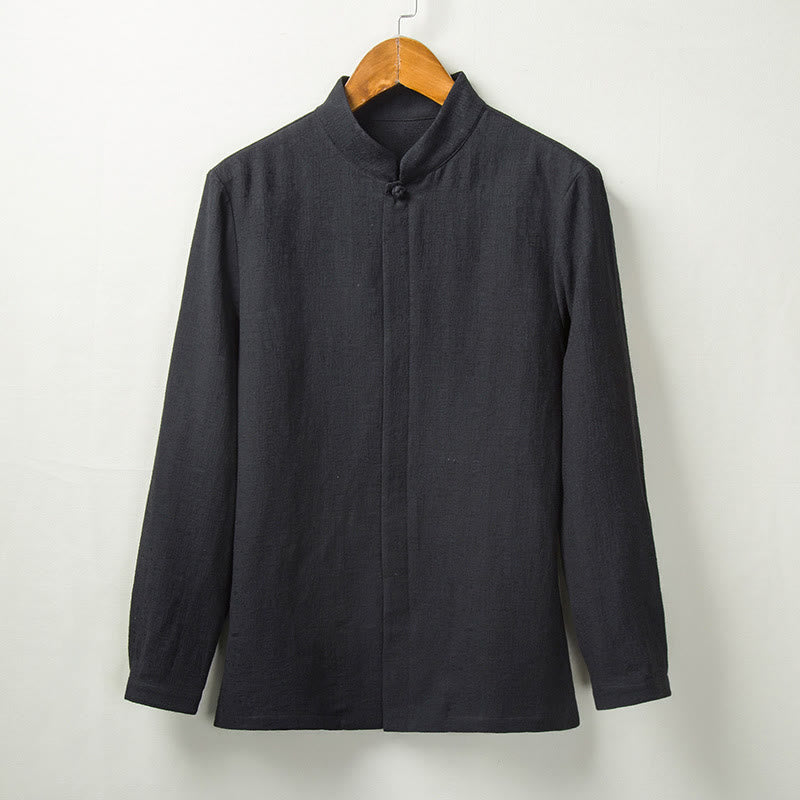 Camisa de manga larga con botones de algodón y lino con estampado de Buddha Stones para hombre - Negro - US/UK/AU44, EU54 (4XL) - image 4