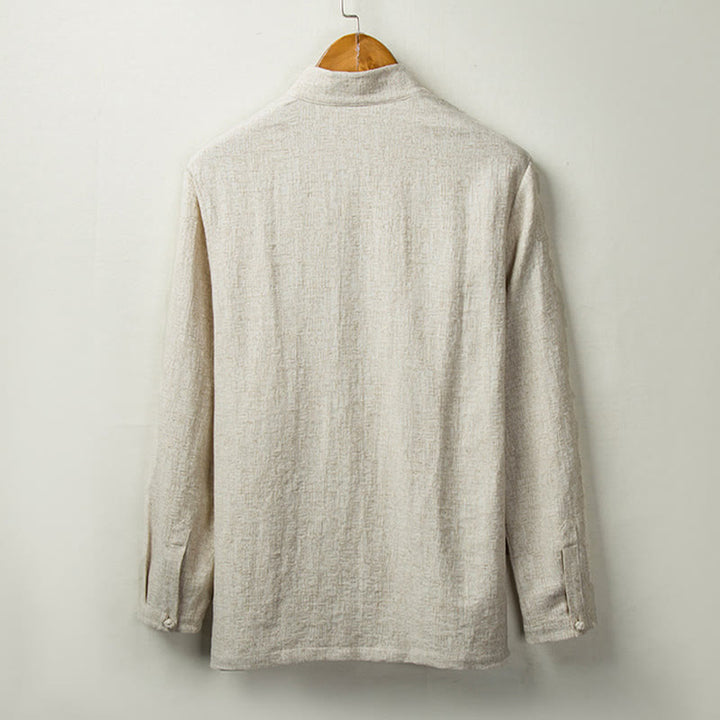 Camisa de manga larga con botones de algodón y lino con estampado de Buddha Stones para hombre - image 1