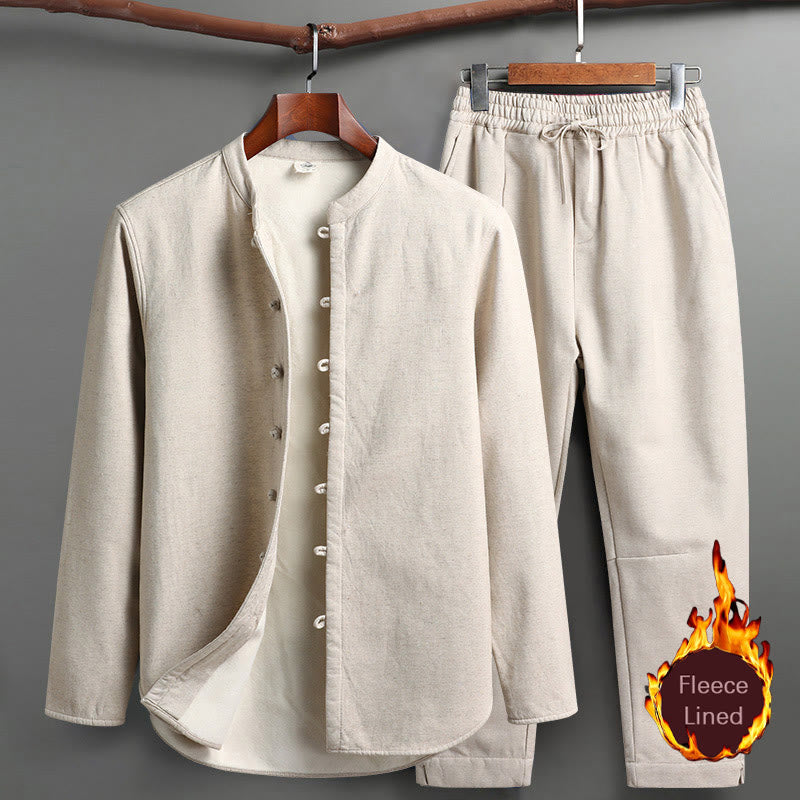 Traje Tang tradicional con Buddha Stones y forro polar, uniforme de manga larga, pantalones y camiseta para hombre - Lino - Top y pantalones - US/UK/AU46, EU56 (5XL) - image 0