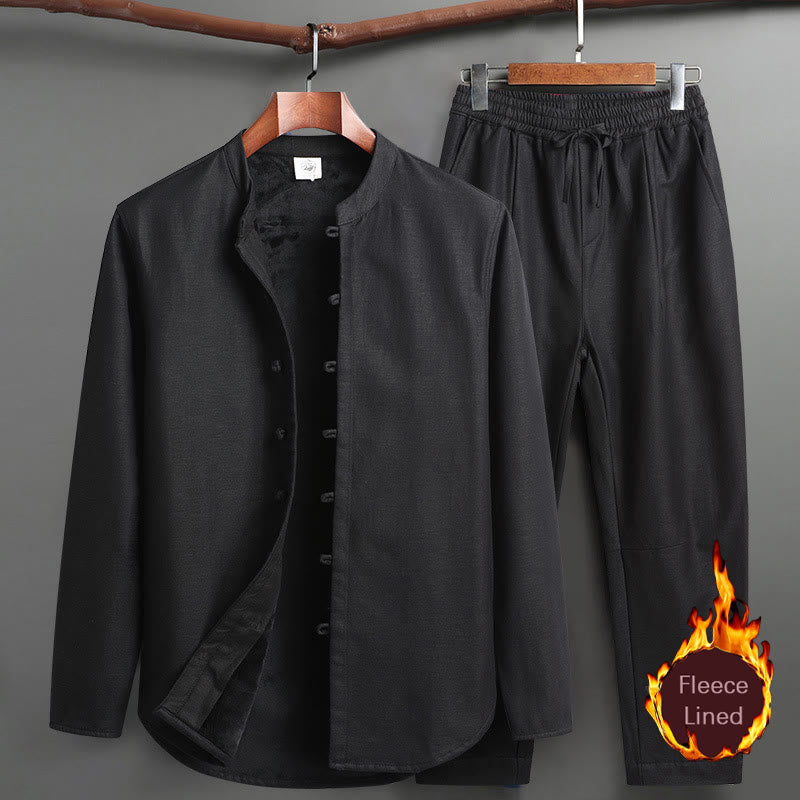 Traje Tang tradicional con Buddha Stones y forro polar, uniforme de manga larga, pantalones y camiseta para hombre