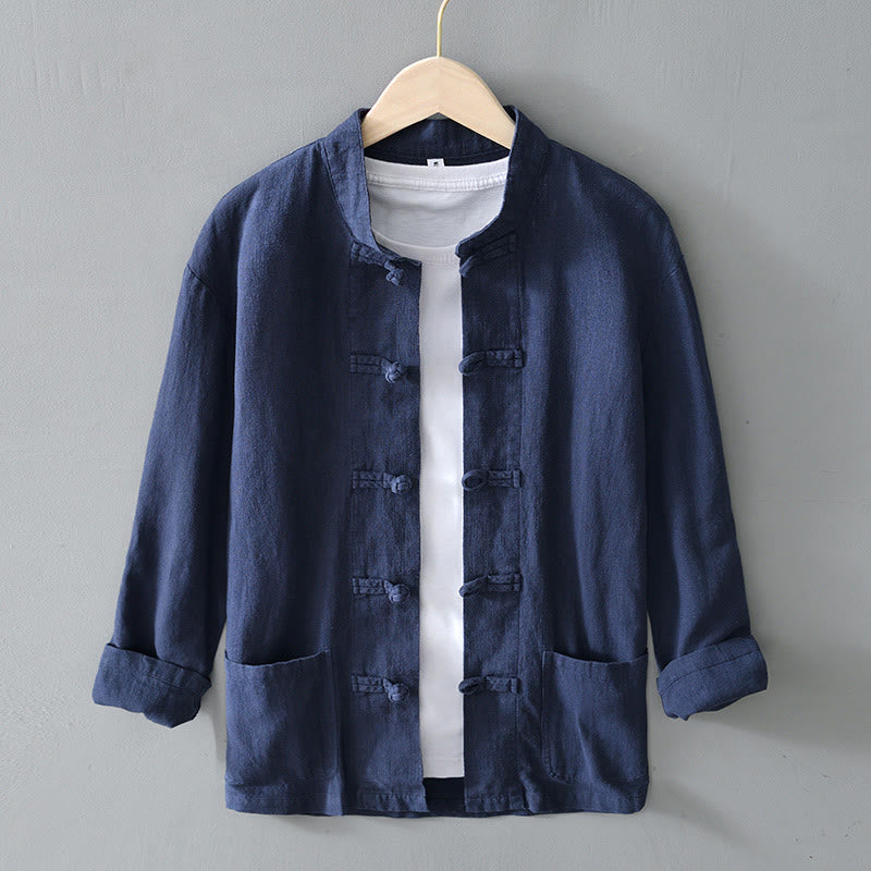 Camisa de hombre de lino y algodón con bolsillos, estilo chino Tang, con estampado de Buddha Stones y botones de rana. - Azul acero - US/UK/AU50, EU60 (5XL) - image 29