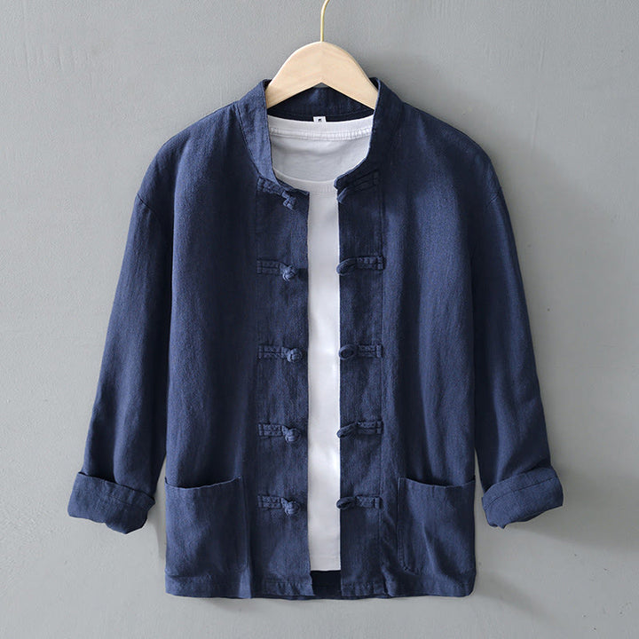 Traje chino Tang de algodón y lino con botones de rana y Buddha Stones para hombre, chaqueta y camisa con bolsillos - Azul acero - US/UK/AU50, UE60 (5XL) - image 30