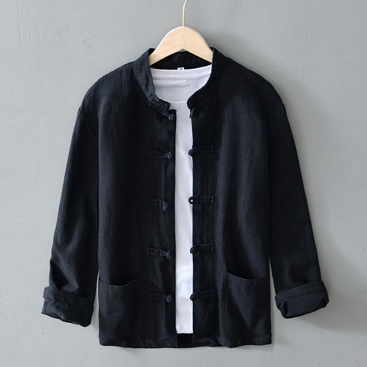 Camisa de hombre de lino y algodón con bolsillos, estilo chino Tang, con estampado de Buddha Stones y botones de rana. - Negro - US/UK/AU50, EU60 (5XL) - image 14