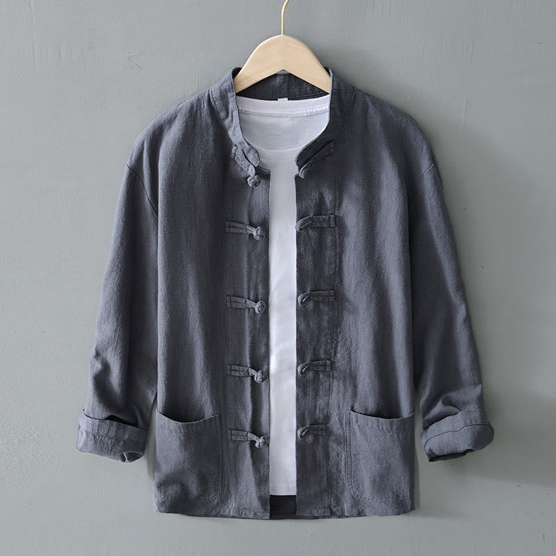Traje chino Tang de algodón y lino con botones de rana y Buddha Stones para hombre, chaqueta y camisa con bolsillos - Gris - US/UK/AU50, UE60 (5XL) - image 1