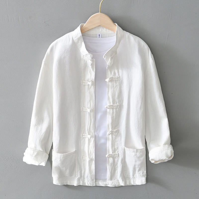 Camisa de hombre de lino y algodón con bolsillos, estilo chino Tang, con estampado de Buddha Stones y botones de rana. - Blanco - US/UK/AU50, EU60 (5XL) - image 7