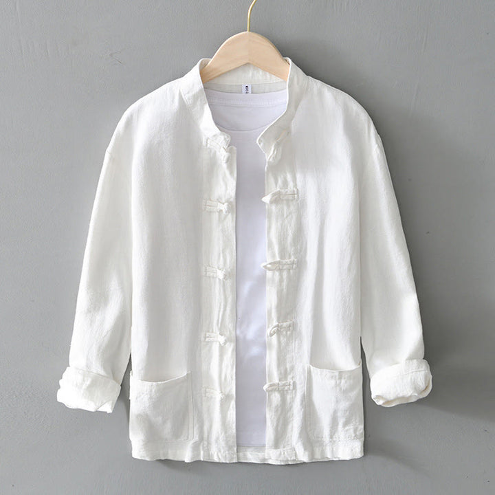 Camisa de hombre de lino y algodón con bolsillos, estilo chino Tang, con estampado de Buddha Stones y botones de rana. - Blanco - US/UK/AU50, EU60 (5XL) - image 7