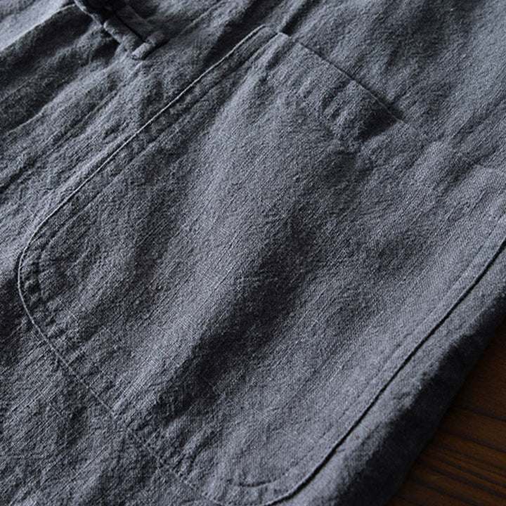 Camisa de hombre de lino y algodón con bolsillos, estilo chino Tang, con estampado de Buddha Stones y botones de rana. - image 5