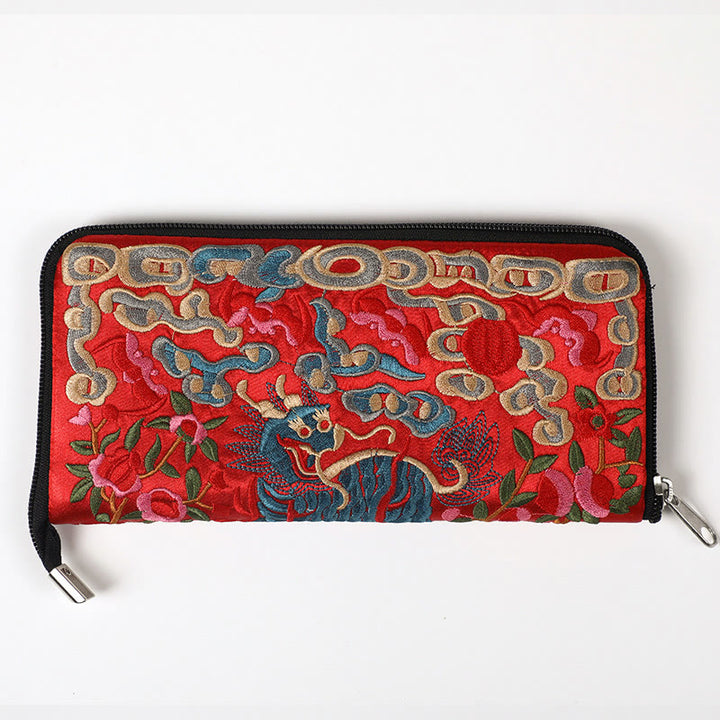 Cartera de mano con bordado de Qilin Su, dragón, fénix y bestia mítica, con Buddha Stones