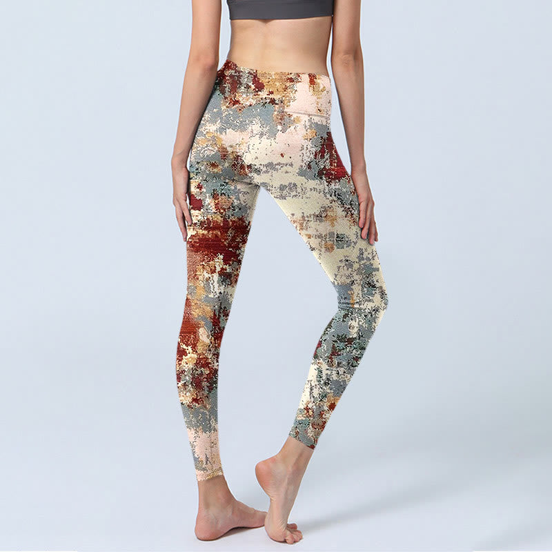 Leggings de ejercicio con diseño abstracto en beige, rojo y gris con Buddha Stones para mujer - image 4