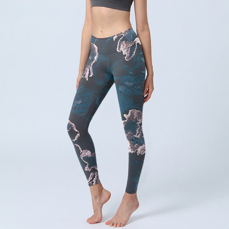 Leggings de ejercicio con estampado de flores plateadas y azul acero y Buddha Stones para mujer - Azul acero - US18，UK/AU22，EU50 (4XL) - image 1
