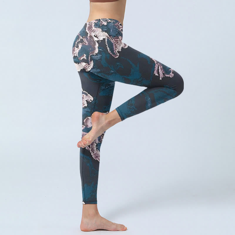 Leggings de ejercicio con estampado de flores plateadas y azul acero y Buddha Stones para mujer - image 4