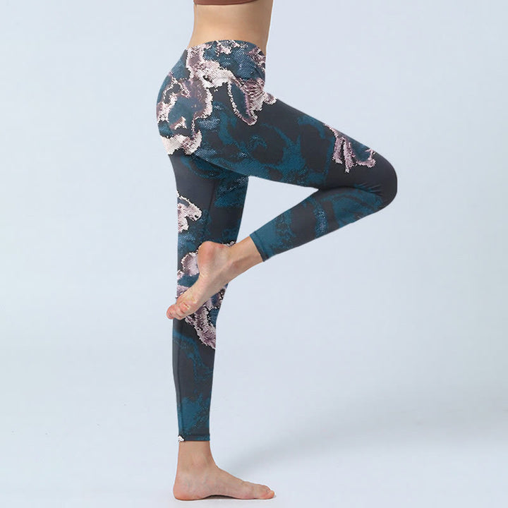 Leggings de ejercicio con estampado de flores plateadas y azul acero y Buddha Stones para mujer - image 4