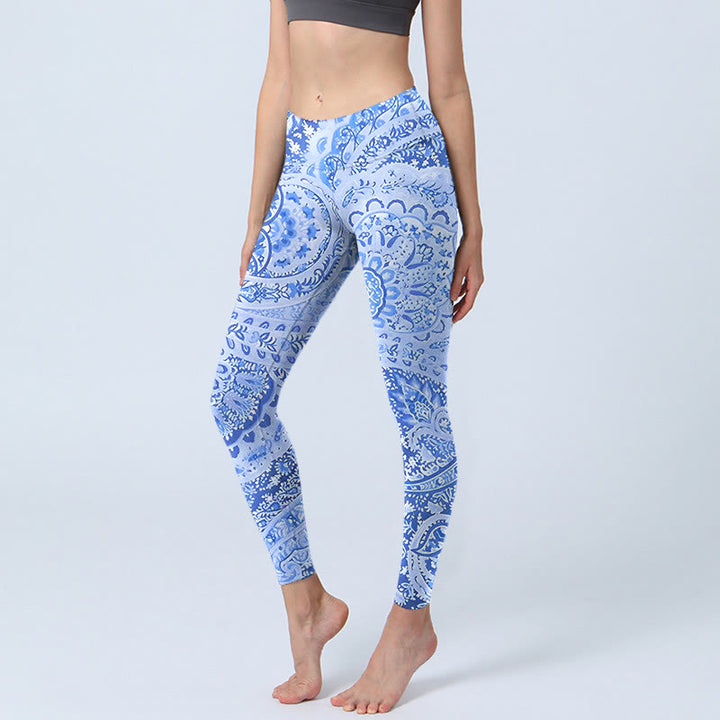 Leggings de ejercicio con estampado de flores blancas y azul real de estilo persa con Buddha Stones para mujer - Azul real - US18，UK/AU22，EU50 (4XL) - image 0