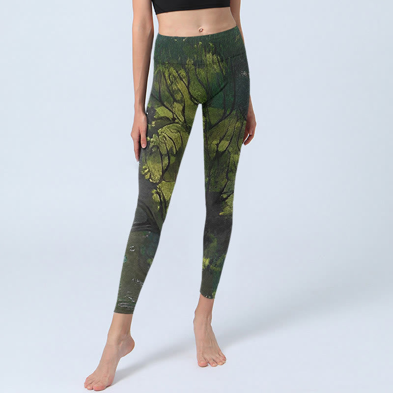 Leggings de ejercicio con estampado de líneas negras y hojas verdes de bosque y Buddha Stones para mujer - image 5