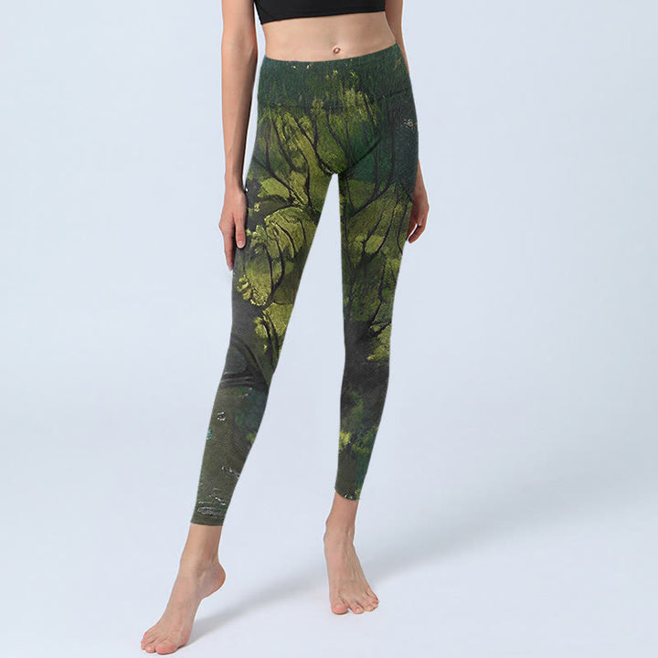 Leggings de ejercicio con estampado de líneas negras y hojas verdes de bosque y Buddha Stones para mujer - image 5