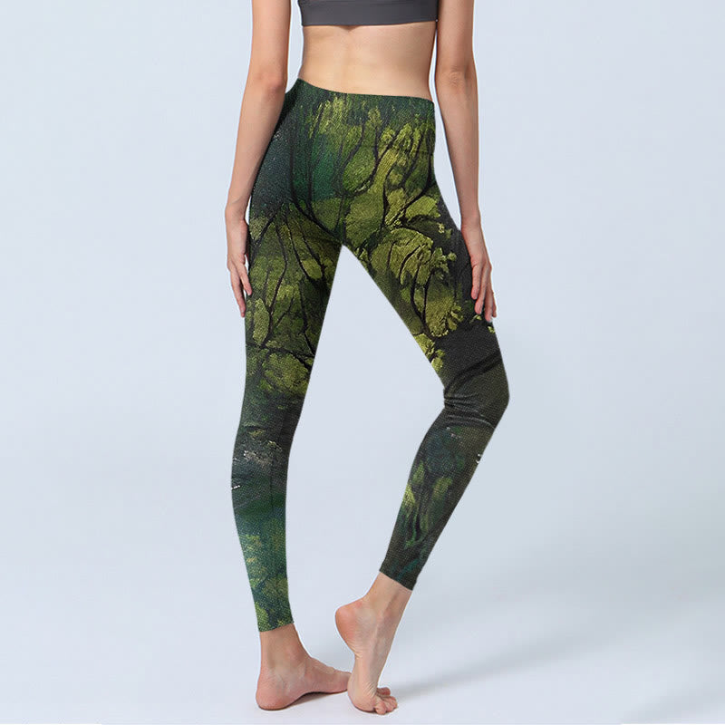 Leggings de ejercicio con estampado de líneas negras y hojas verdes de bosque y Buddha Stones para mujer - image 5