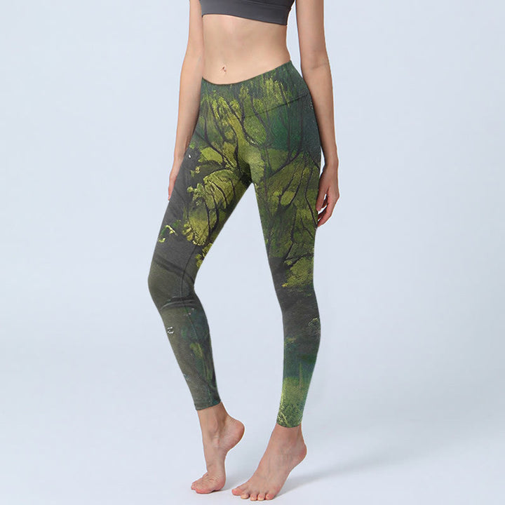 Leggings de ejercicio con estampado de líneas negras y hojas verdes de bosque y Buddha Stones para mujer - Verde bosque - US18，UK/AU22，EU50 (4XL) - image 1