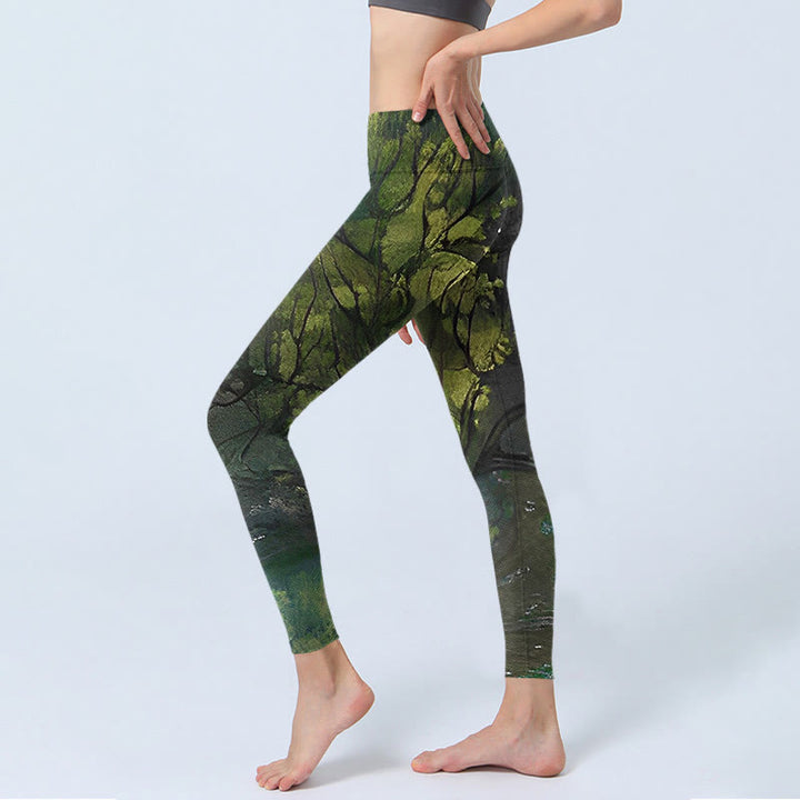 Leggings de ejercicio con estampado de líneas negras y hojas verdes de bosque y Buddha Stones para mujer - image 3