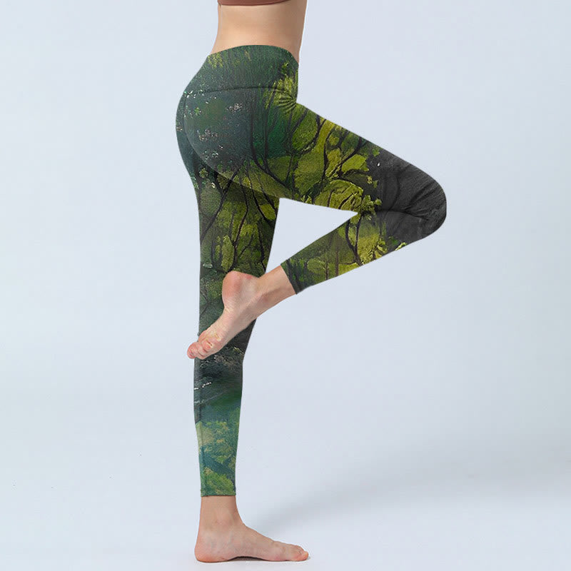 Leggings de ejercicio con estampado de líneas negras y hojas verdes de bosque y Buddha Stones para mujer - image 4