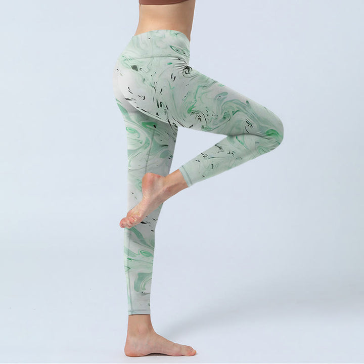 Leggings de ejercicio con estampado de líneas fluidas en verde melaza y blanco Buddha Stones para mujer - image 4