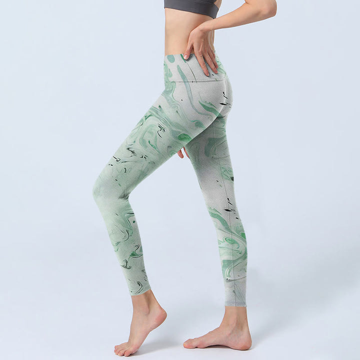 Leggings de ejercicio con estampado de líneas fluidas en verde melaza y blanco Buddha Stones para mujer - image 3