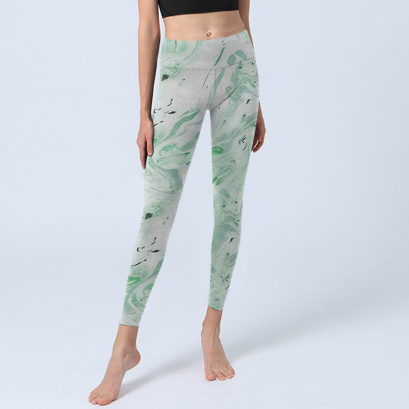 Leggings de ejercicio con estampado de líneas fluidas en verde melaza y blanco Buddha Stones para mujer - image 6