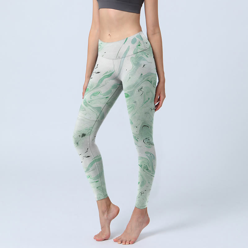 Leggings de ejercicio con estampado de líneas fluidas en verde melaza y blanco Buddha Stones para mujer - Gotas de miel - US18，UK/AU22，EU50 (4XL) - image 1