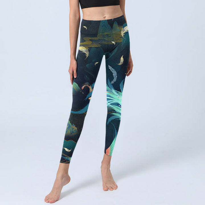 Pantalones de yoga para mujer con diseño de plumas de fénix y montañas de Buddha Stones - image 6
